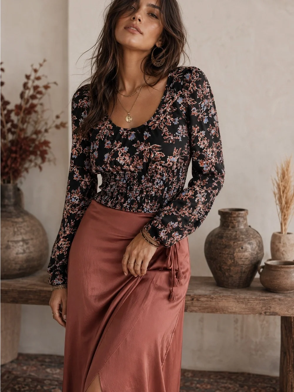Free People Floral Smocked Crop Boho Blouse Dark Romantic Small